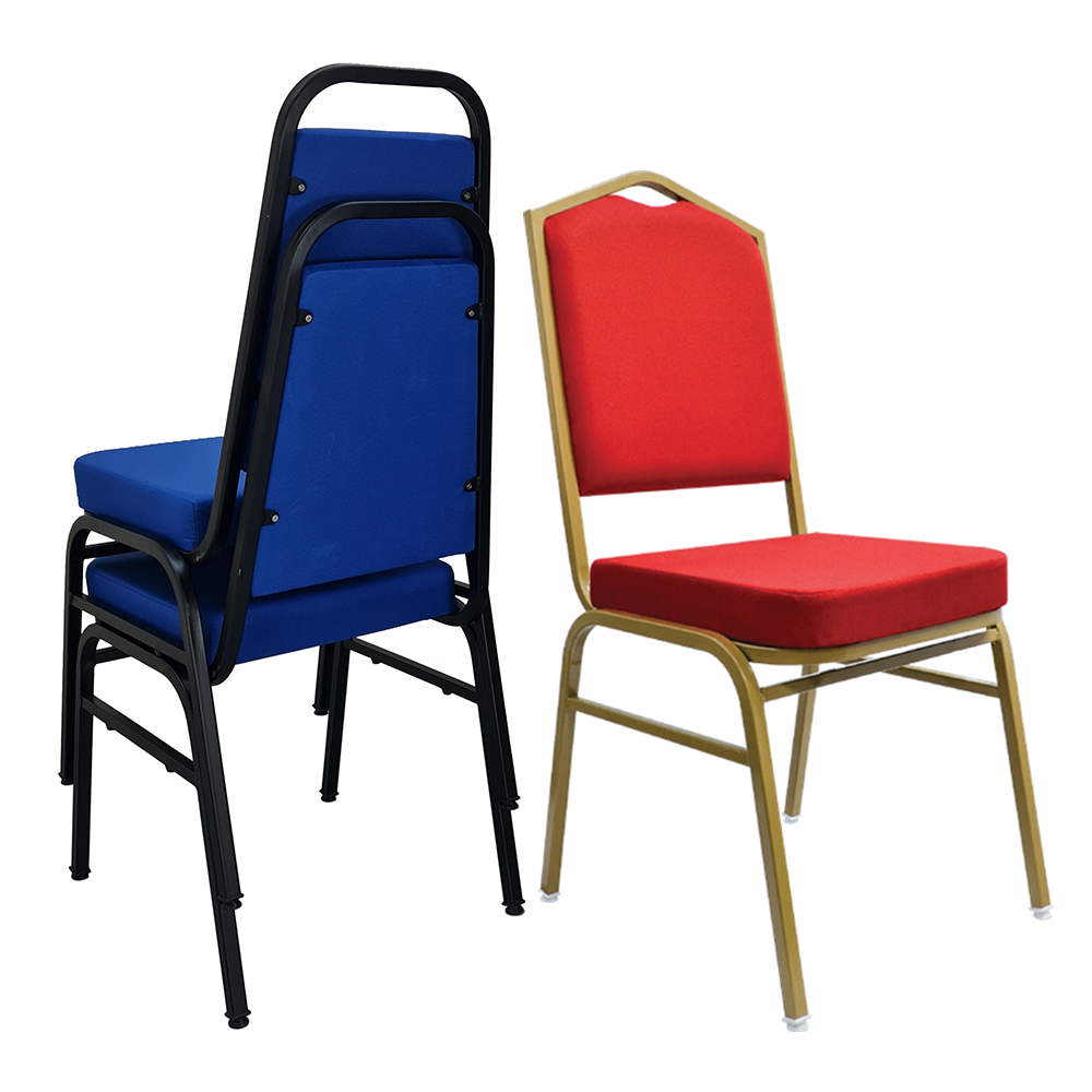 Royal Red upholstered banquet chair with gold steel frame stacked in a hotel ballroo