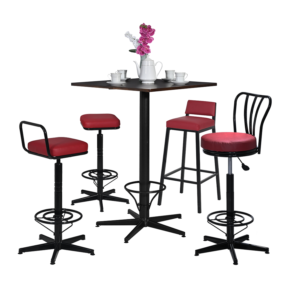 Industrial wood and metal bar table with matching upholstered high chairs in a modern cafe