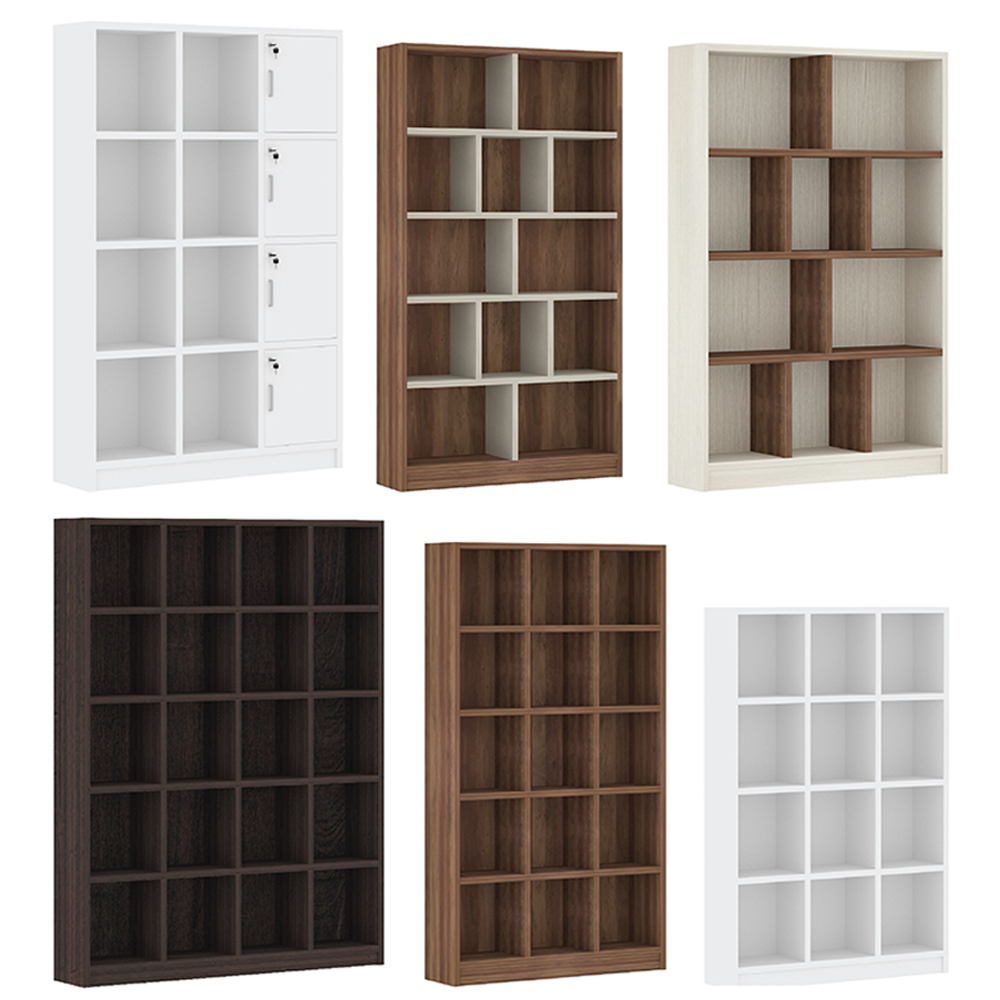 Minimalist matte black metal bookshelf with open oak wood shelves in a modern office lounge