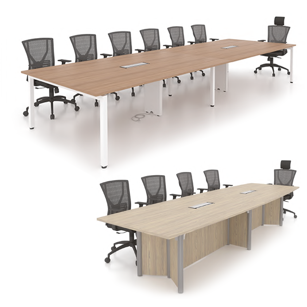 Large oval walnut veneer conference table with integrated pop-up power media hubs in a modern boardroom