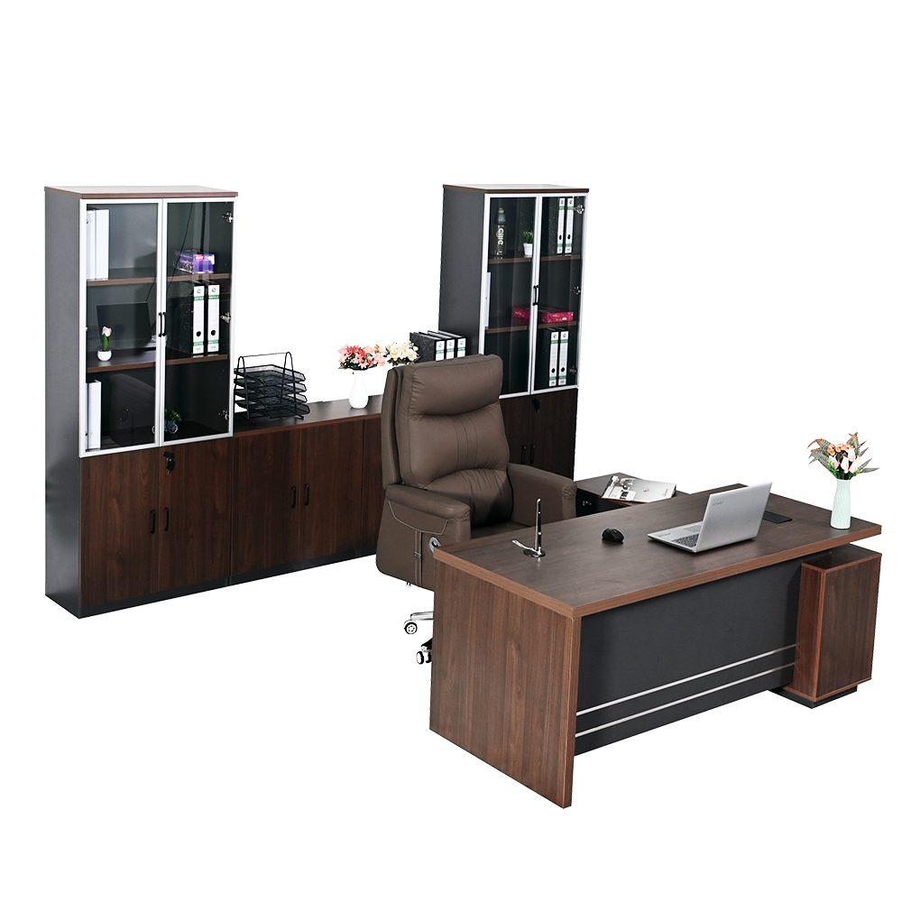 Luxury walnut veneer L shaped director table with leather inlay in a spacious executive office