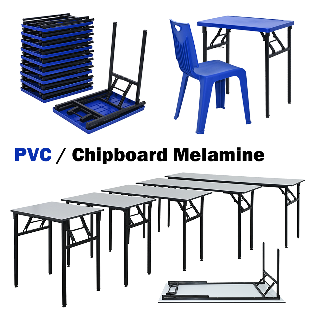 Heavy duty plastic folding table with steel legs set up for an outdoor corporate event