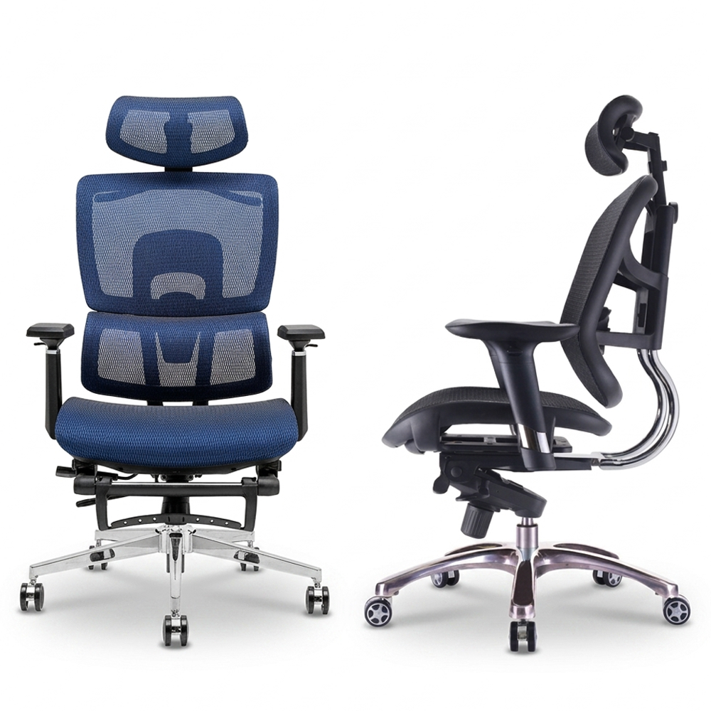 Blue ergonomic mesh chair with adjustable lumbar support and 3D armrests.