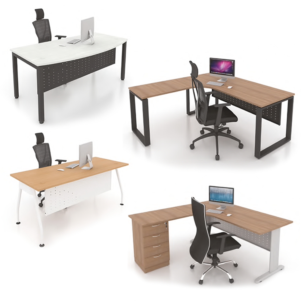 Minimalist white oak office table with black metal legs in a bright home office studio