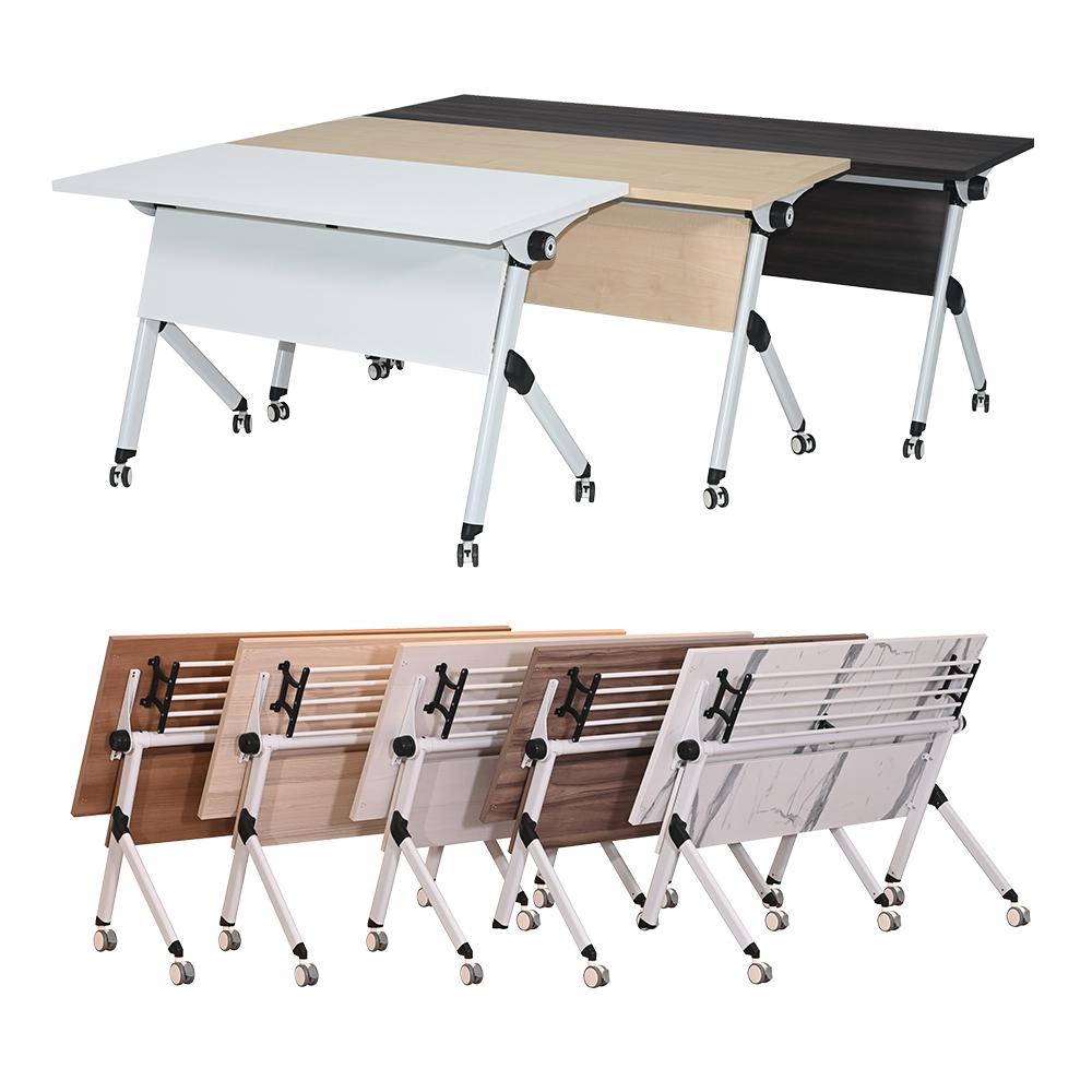 Mobile nesting training table with folding top and wheels in a corporate seminar room
