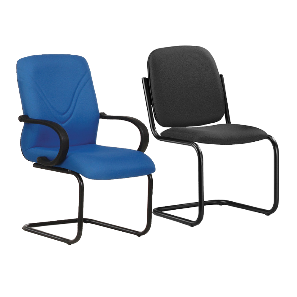 Sleek blue fabric visitor chair with metal base in a modern executive office room