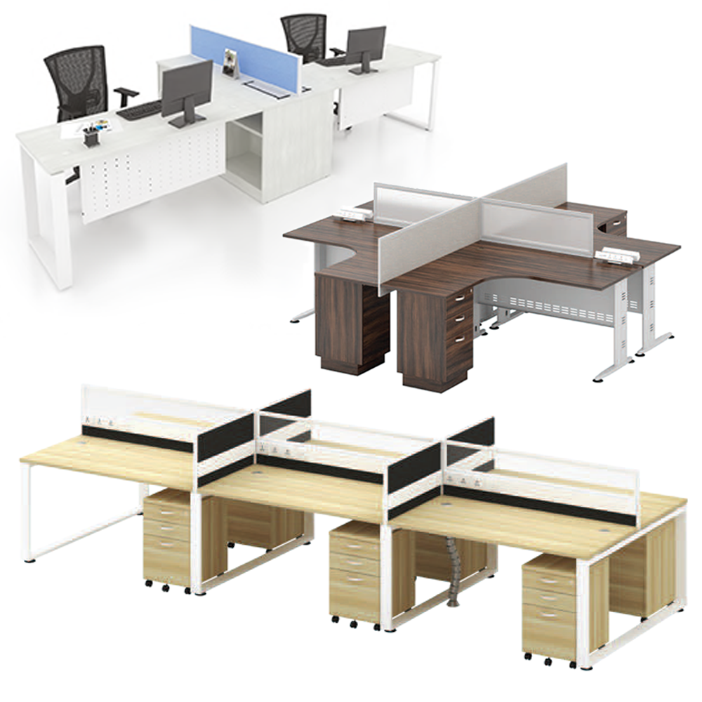 Multi way cluster office workstation with privacy desk dividers and integrated power management in a corporate office