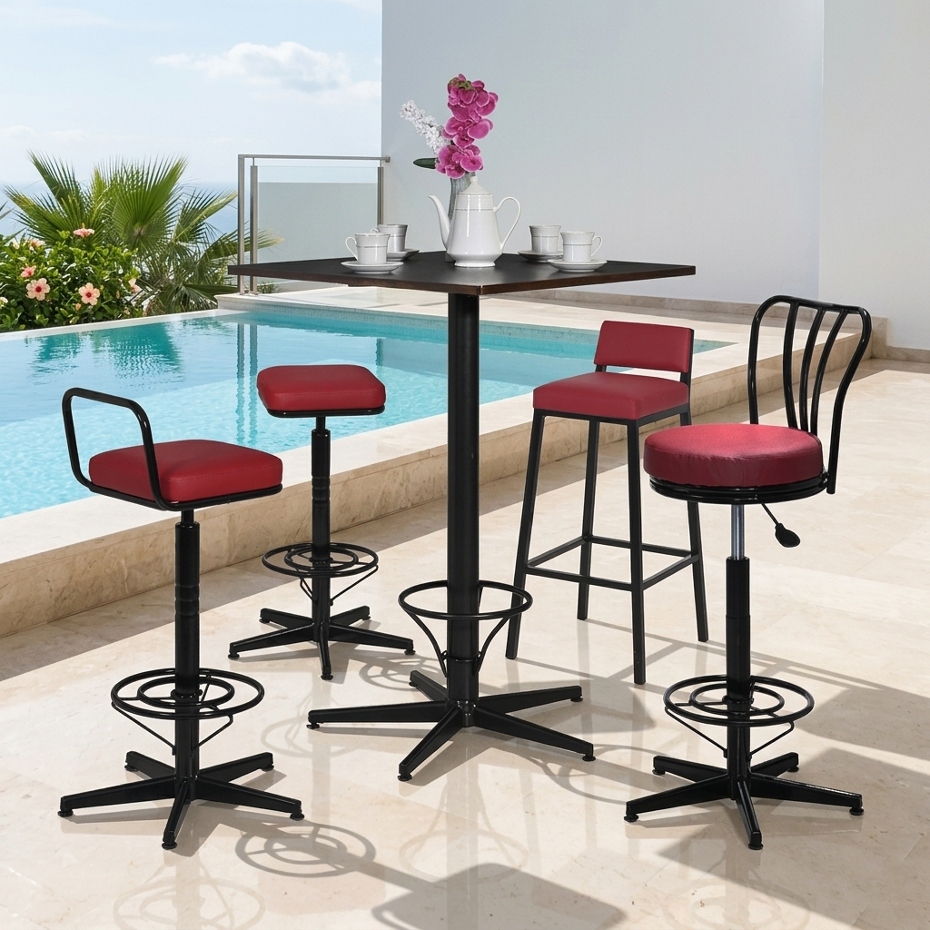 Industrial wood and metal bar table with matching upholstered high chairs in a modern cafe