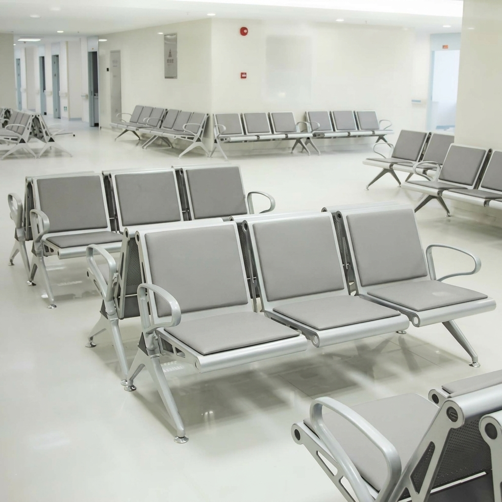 2/3/4/5 seater stainless steel PVC link chair row with metal legs in a public waiting area
