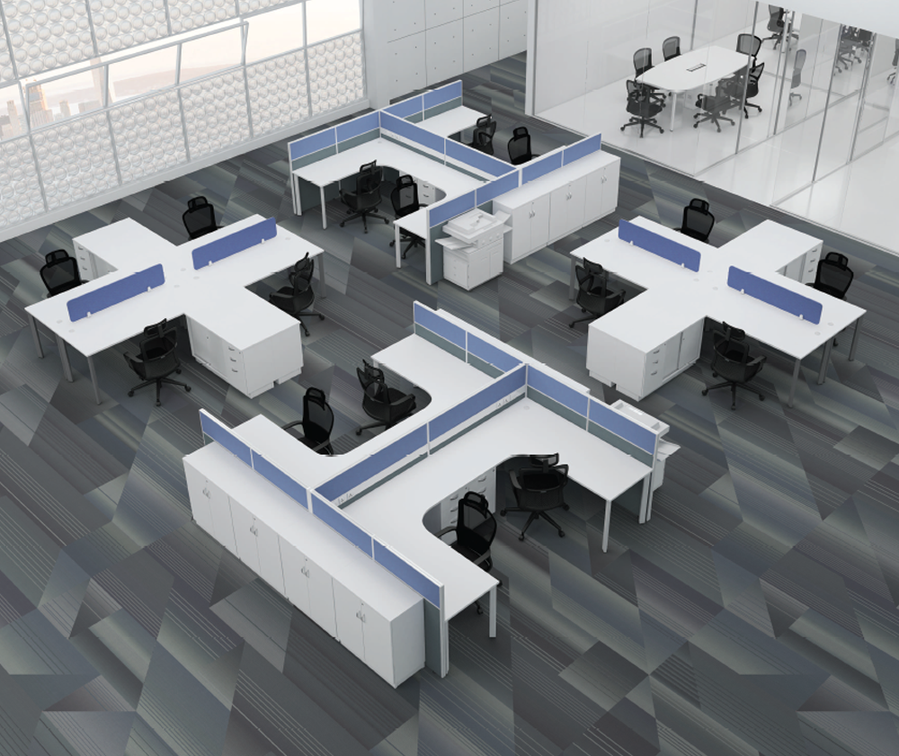 Modern ergonomic office chairs and height-adjustable desks arranged in a collaborative open-plan workstation layout.