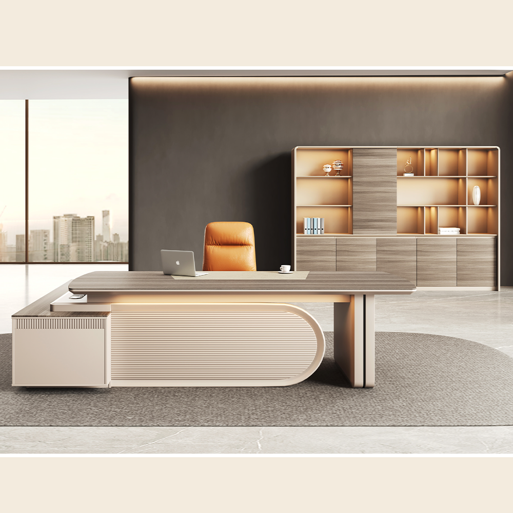 Luxury walnut veneer L shaped director table with leather inlay in a spacious executive office