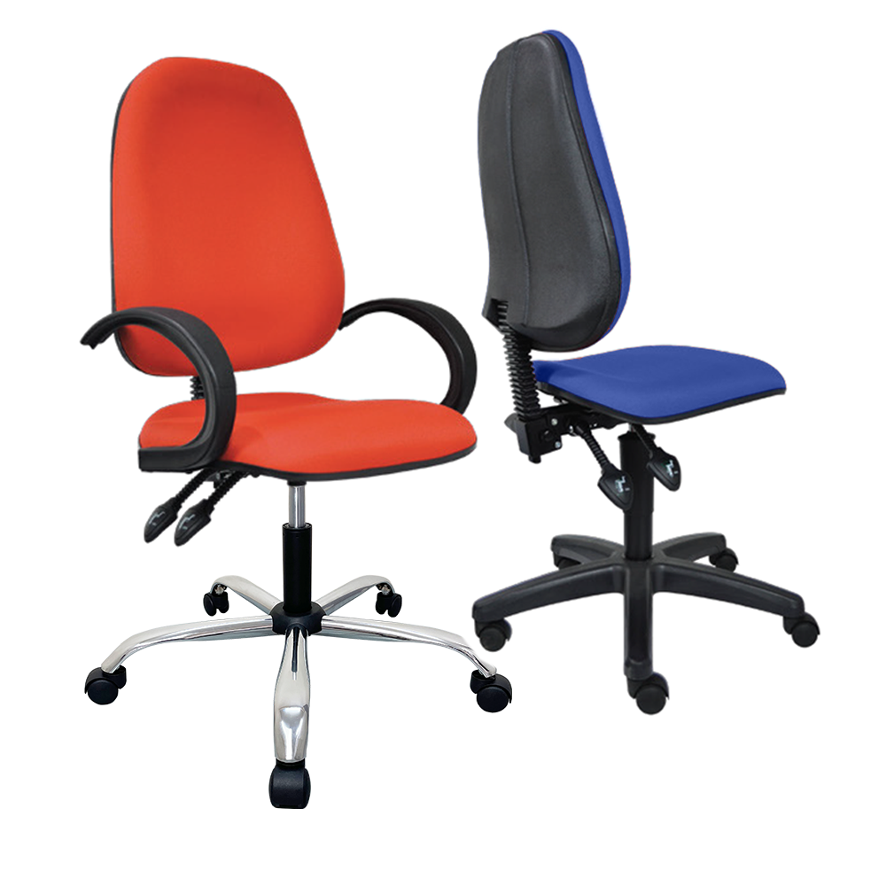 Ergonomic typist chair in black mesh with adjustable armrests and a contoured lumbar support backrest.