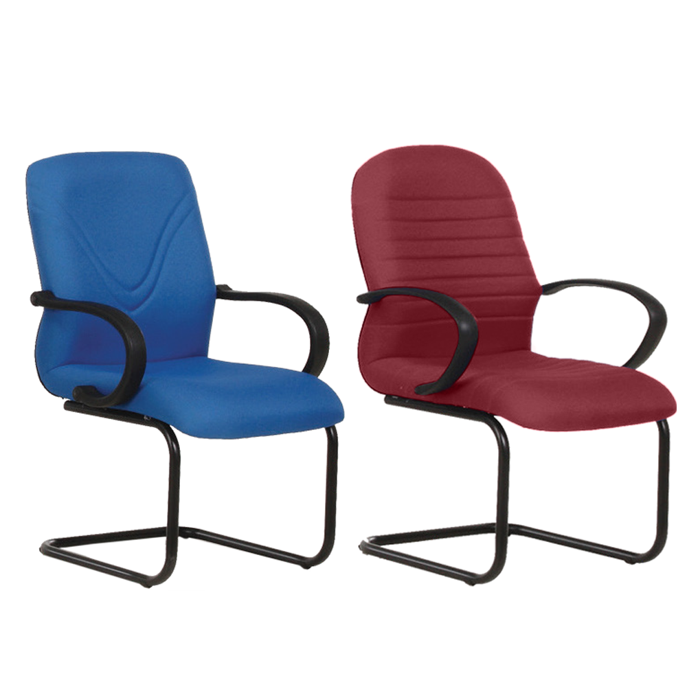 Sleek office visitor chair with a metal sled base and padded color fabric seat cushions