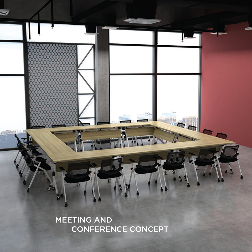 A mobile fliptop training table with a Boras Ash top, white steel legs, and lockable casters folded for nesting storage